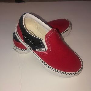 Kids Vans Slip on Sneakers. Red black and white checkered trim. Size 11